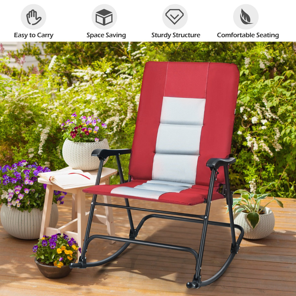 Portable folding rocker offers comfortable seating for balconies, backyards, porches, and relaxing trips