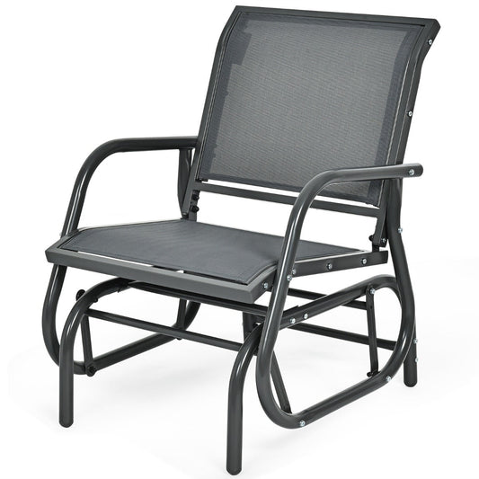 Gently gliding patio chair provides smooth rocking motion for relaxing, resting, or napping outdoors