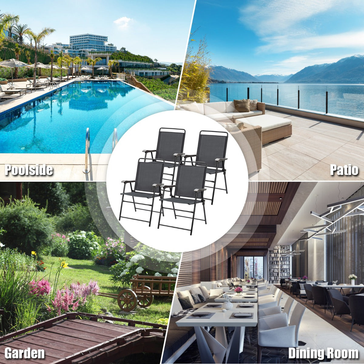 Grey folding patio chairs are easy to wipe clean and maintain after outdoor use