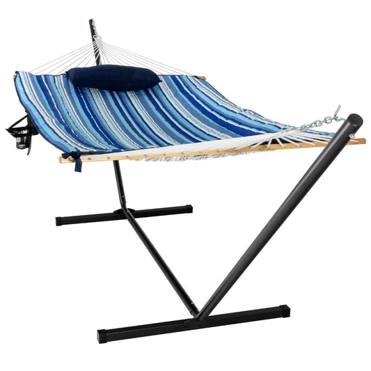 Heavy-duty coated steel hammock stand provides stable support for restful swinging and lounging