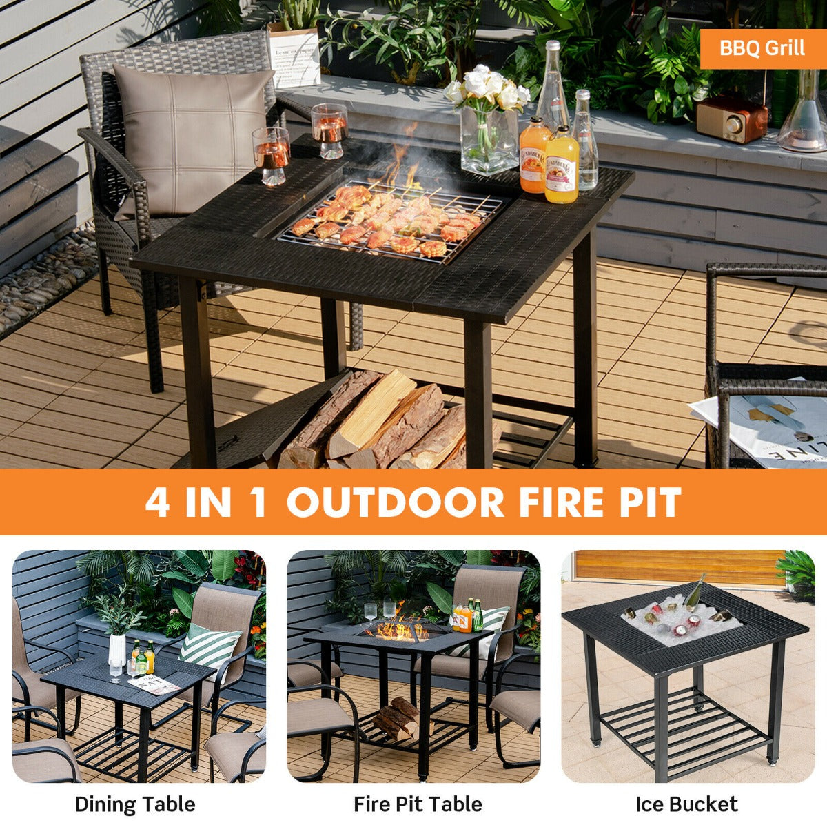 Outdoor 4-in-1 Fire Pit Table with Mesh Cover, BBQ Grill, and Ice Bucket
