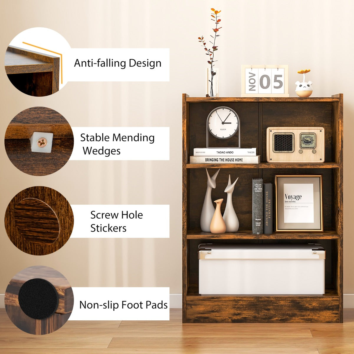 Easy assembly bookcase with clean lines, adjustable shelves and low-maintenance surface