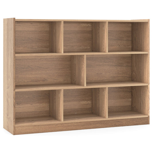 Costway 3-Tier Open Bookshelf Storage Cabinet with 8 Cubies-Natural
