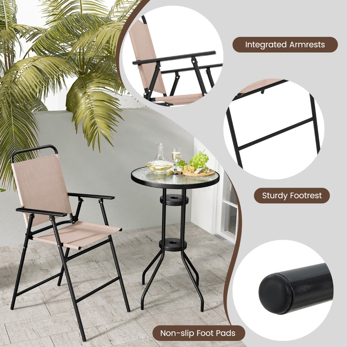 Foldable outdoor bar chairs arrive assembled for quick setup, easy use, and convenient storage