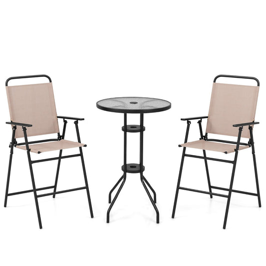 Beige outdoor bar table set with durable round tempered glass tabletop for drinks and snacks