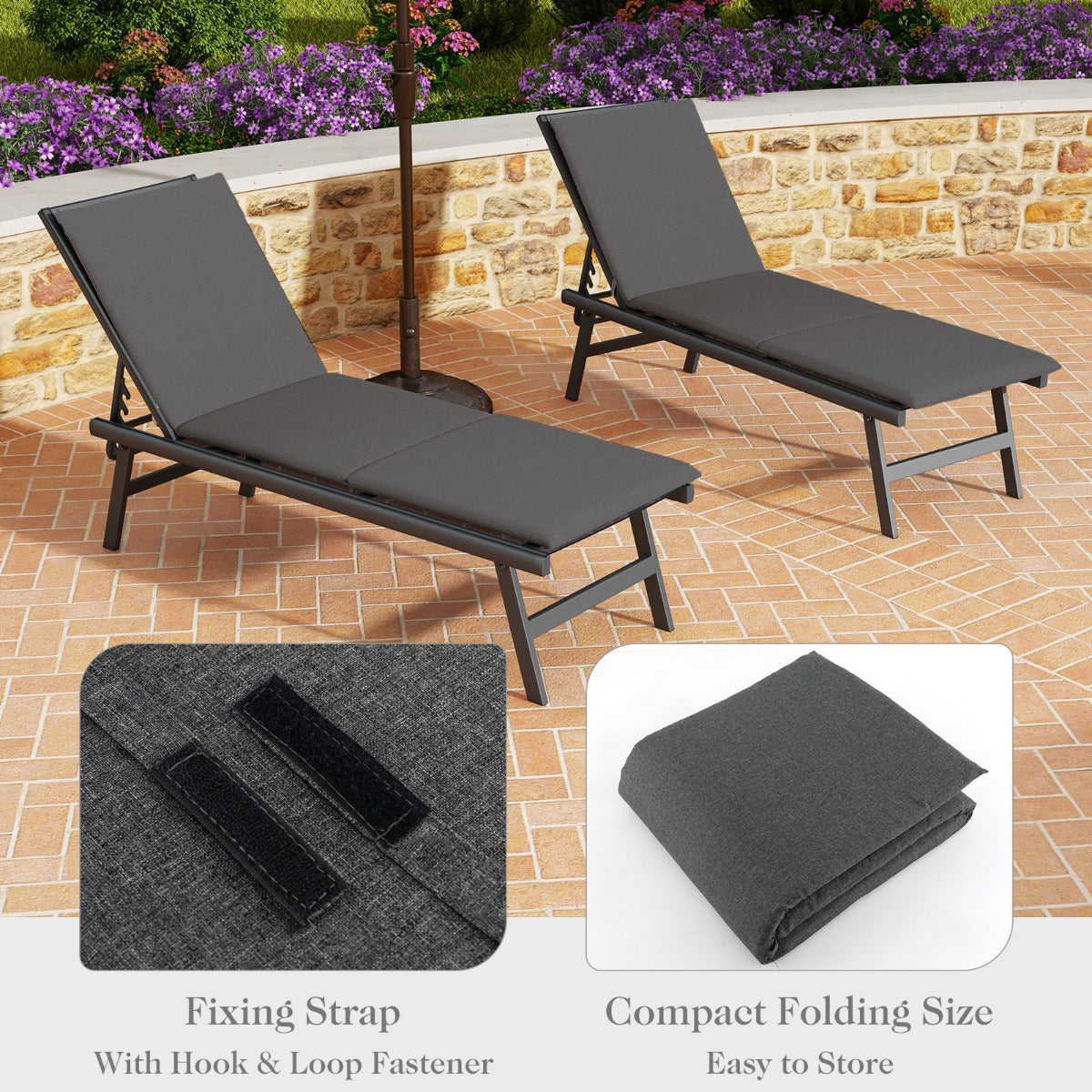 Outdoor Chaise Lounge Cushion with Hook and Loop Fastener Fixing Straps-Dark Grey