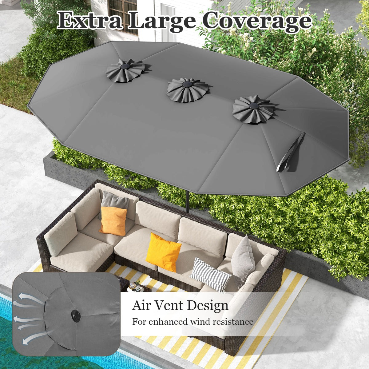 470 cm by 280 cm market umbrella provides broad coverage for residential and commercial seating areas