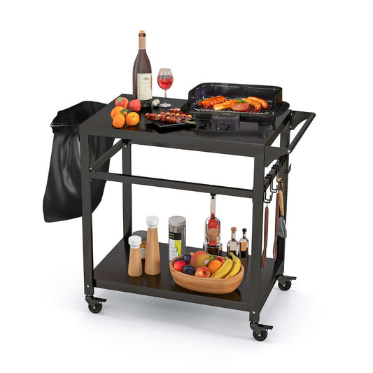 Black metal BBQ prep table provides spacious storage for pizza ovens, grills, food and seasonings