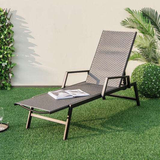 Wide outdoor chaise seat and high backrest provide comfortable support for extended lounging