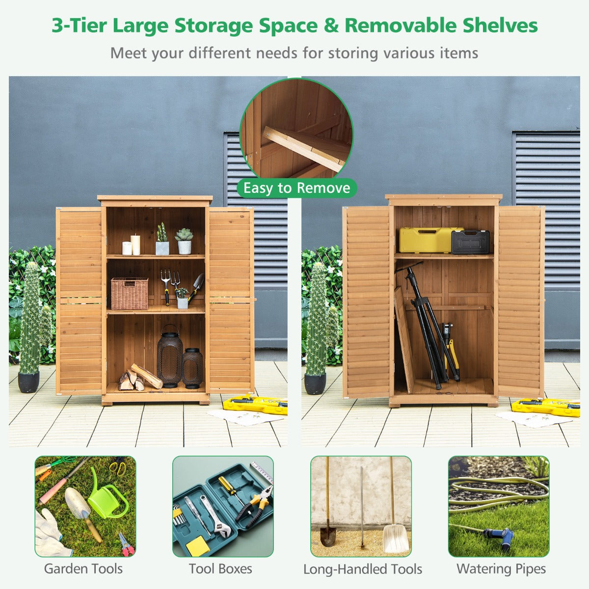 1.6M Outdoor Wooden Garden Shed Cabinet with Removable Shelves, Natural Finish