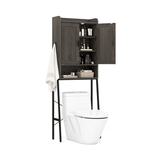 Bathroom space saver features five enclosed compartments, an open shelf, and two practical hooks