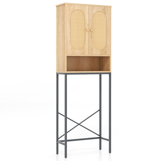 Costway Over The Toilet Storage Cabinet Freestanding with Rattan Doors and Shelves-Natural