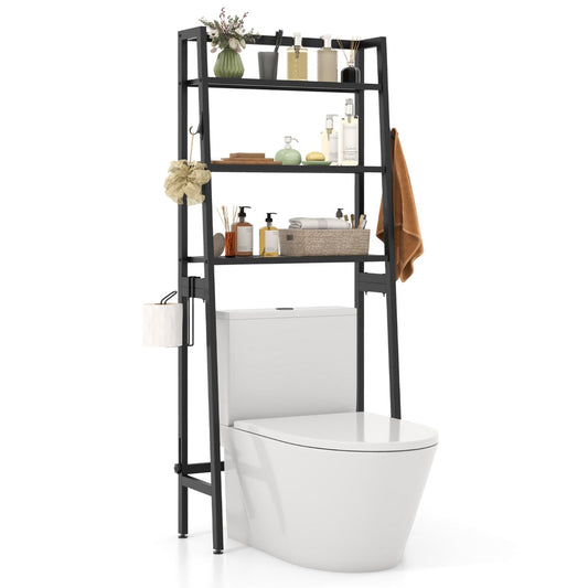 Over-toilet bathroom organizer uses vertical space for toiletries, towels, cosmetics, and plants