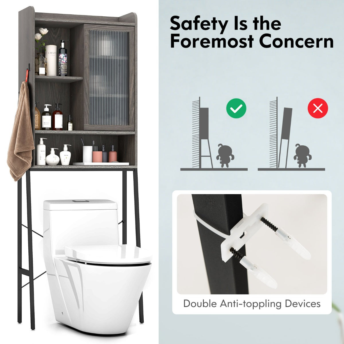 Easy-assembly bathroom space saver with waterproof surface and convenient wipe-clean maintenance