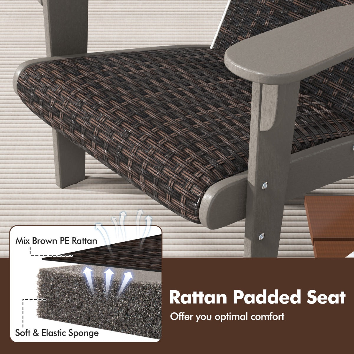 Patio Adirondack HDPE Lounge Chair with Rattan Padded Seat and Back-Grey