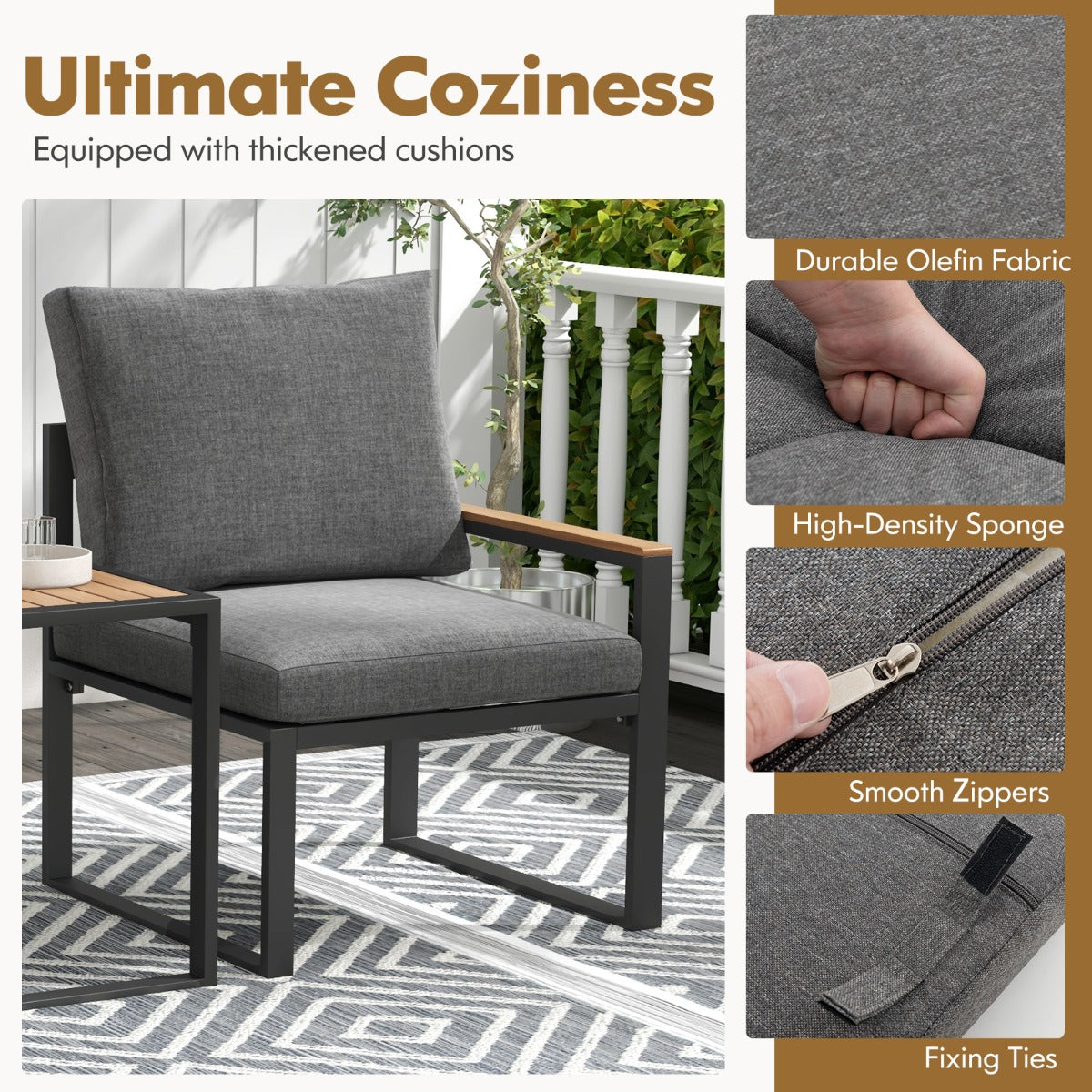 Durable three-piece outdoor furniture set combines rustproof aluminum, WPC surfaces, and cozy cushions
