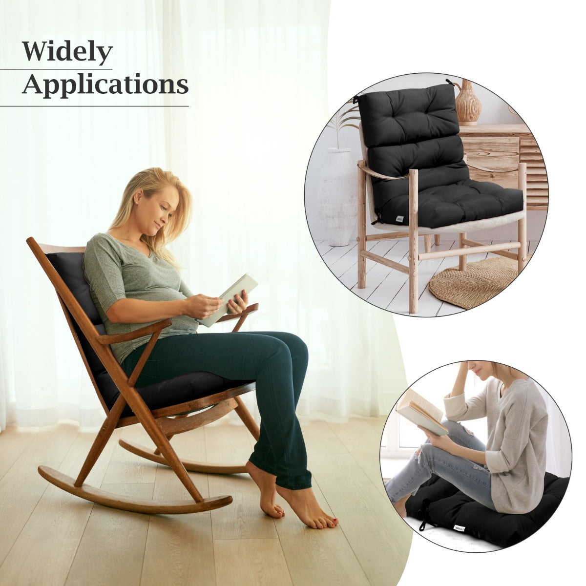 Patio High Back Chair Cushion Chair Seat Pads with Non-slip Rope Belts-Black