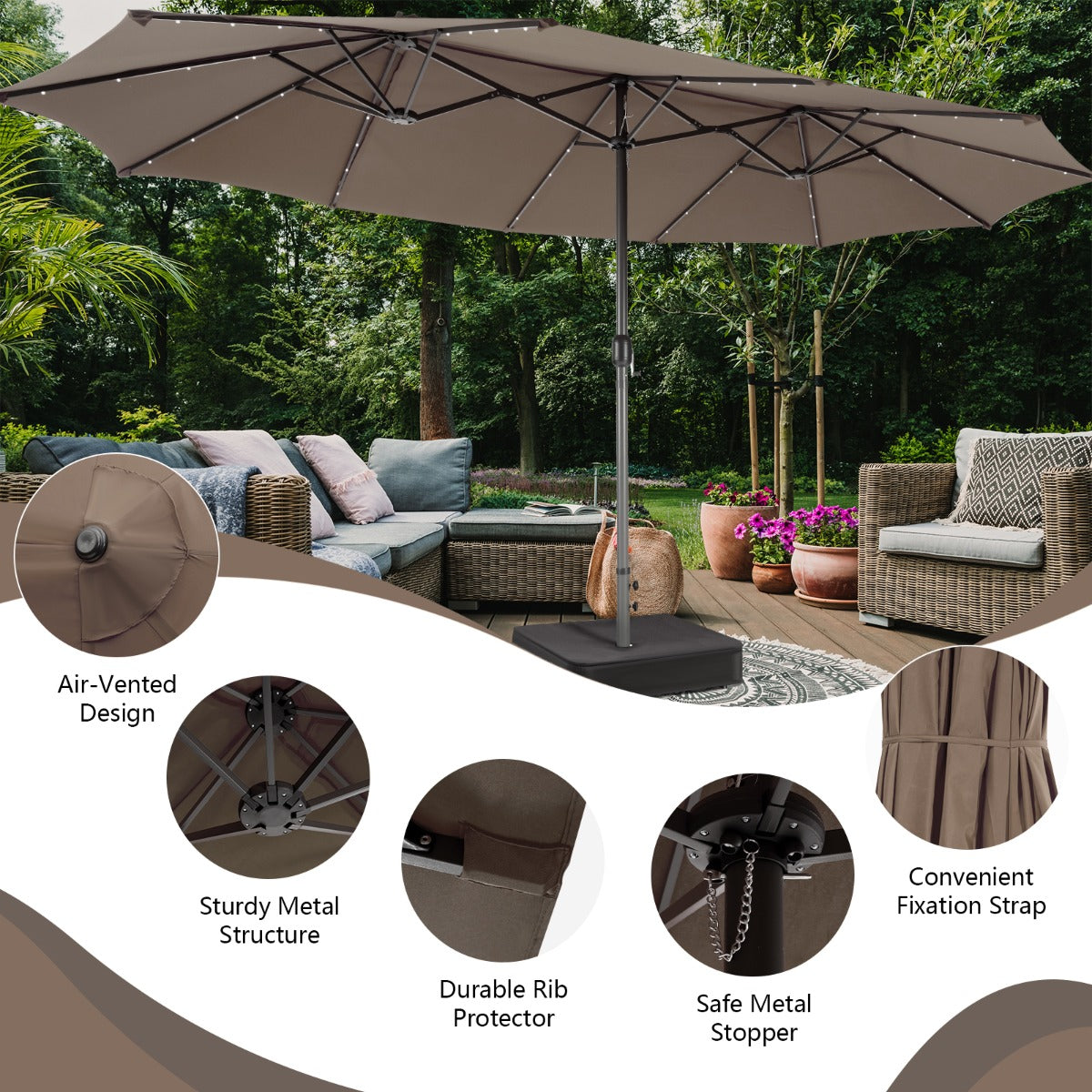 Costway 4.7M Double-Sided Patio Umbrella with Solar Lights for Poolside Garden Yard-Coffee