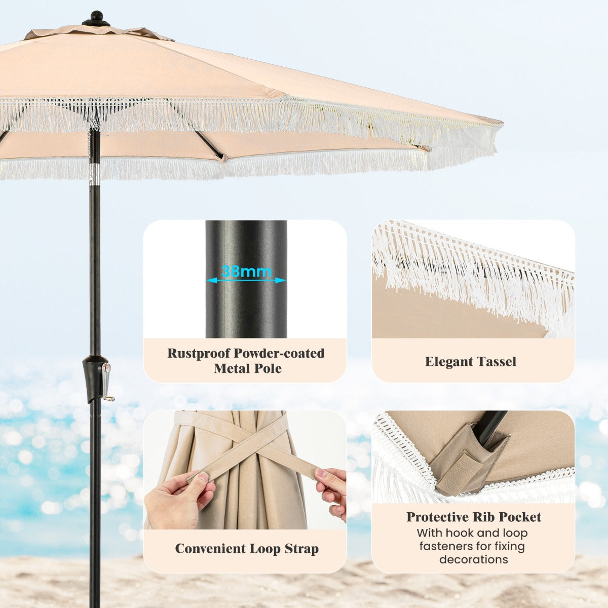Elegant tassel market umbrella creates a sophisticated relaxing space for gardens and patios