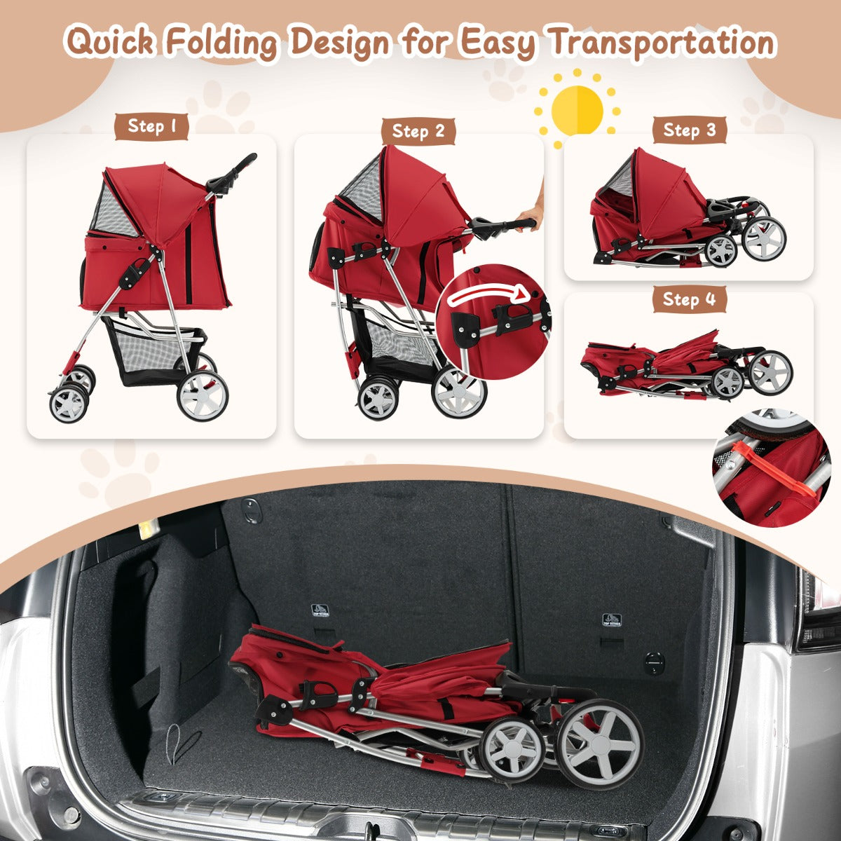 Adjustable canopy helps protect your pet from sunlight and light rain during outings