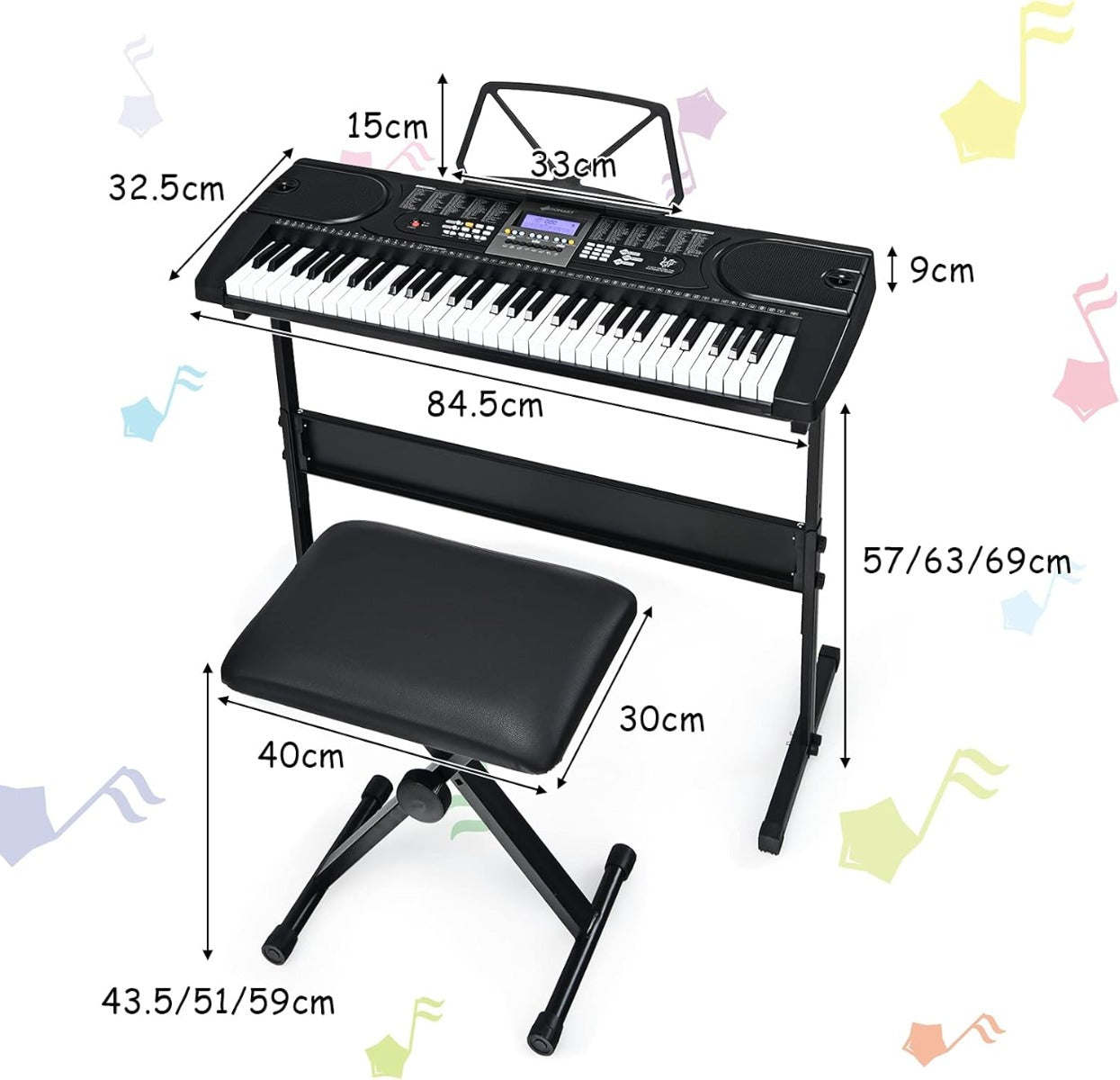 Keyboard offers 300 timbres, 300 rhythms, 50 demo songs, and 61 percussion sounds