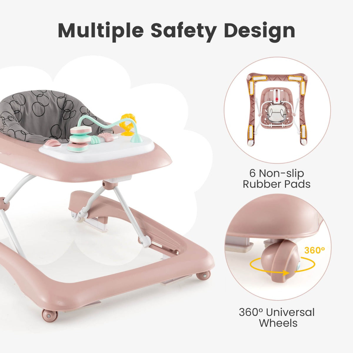 Foldable Baby Walker with Adjustable Height for Boys and Girls-Pink