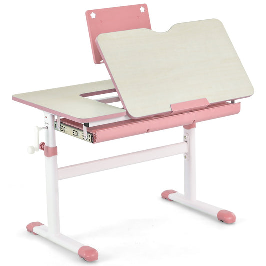 Costway Height-Adjustable Kids Desk with Tilt Desktop and Book Stand for Writing Drawing Reading-Pink