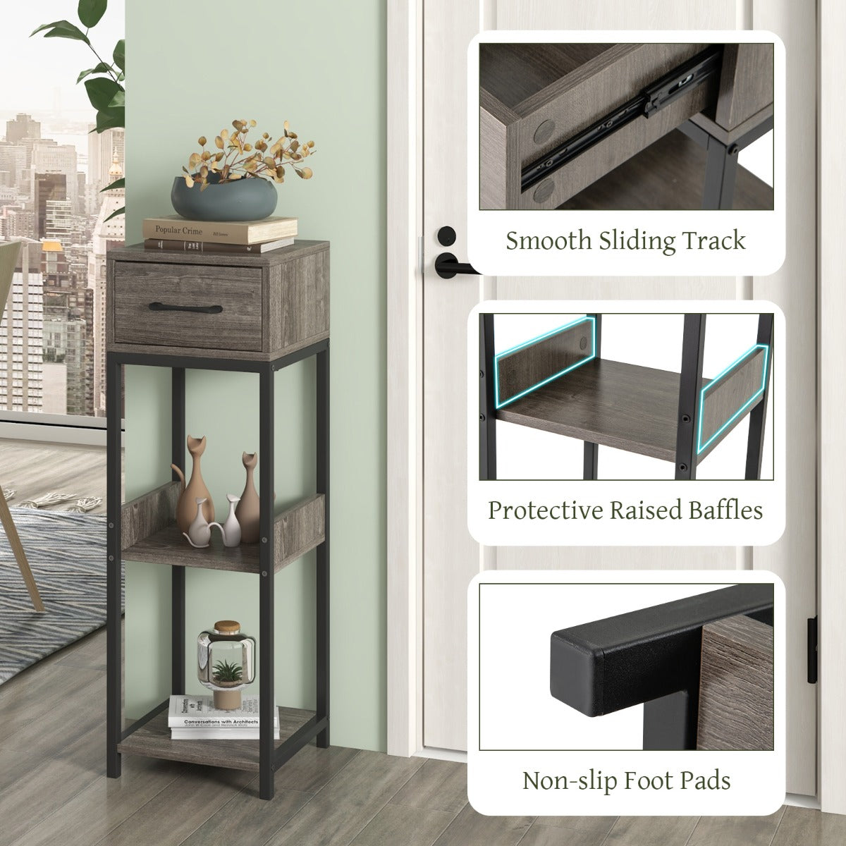 Non-slip foot pads improve stability while helping protect floors from scratches and scuffs