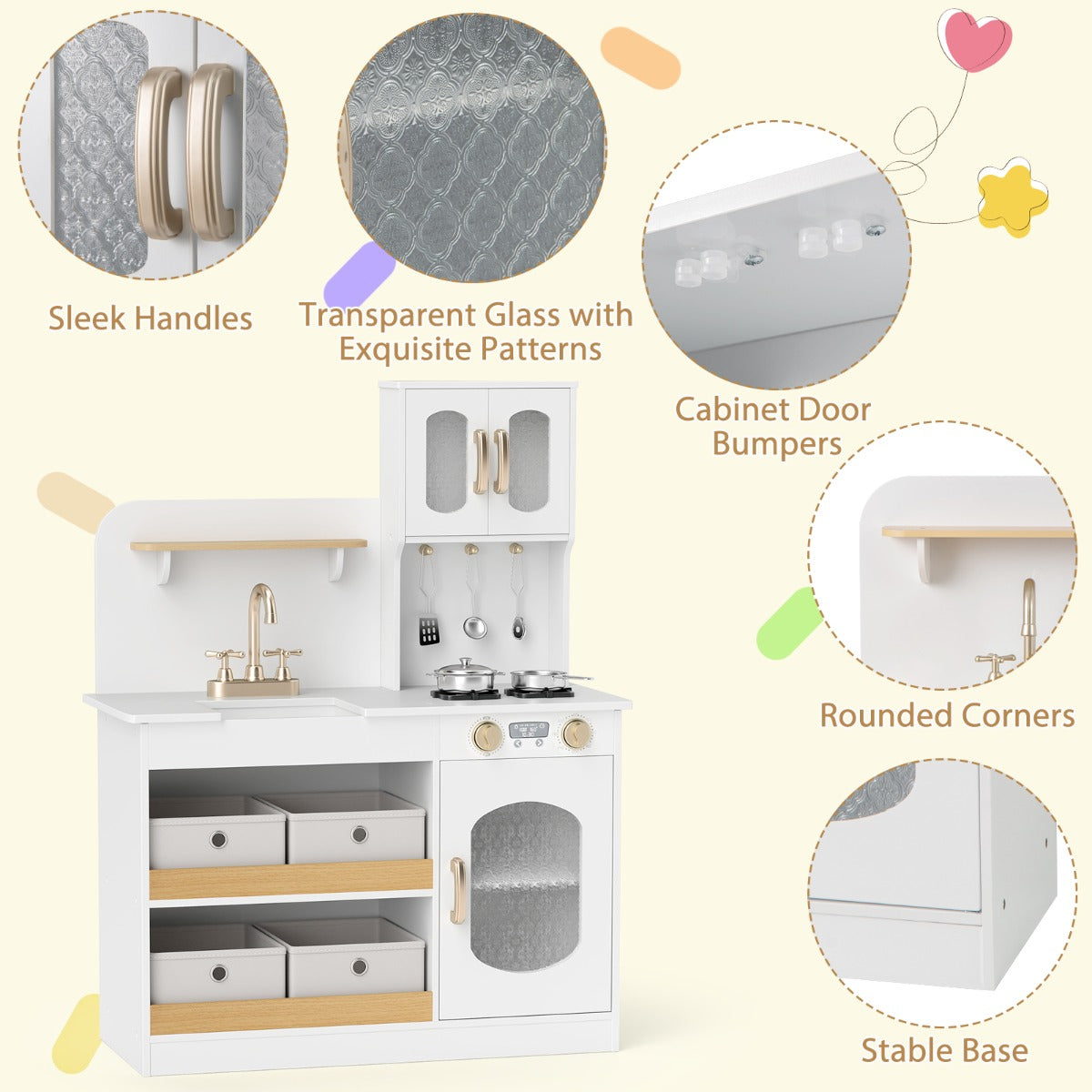 Play Kitchen for Kids with Storage and Stovetops for Children Ages 3+-White