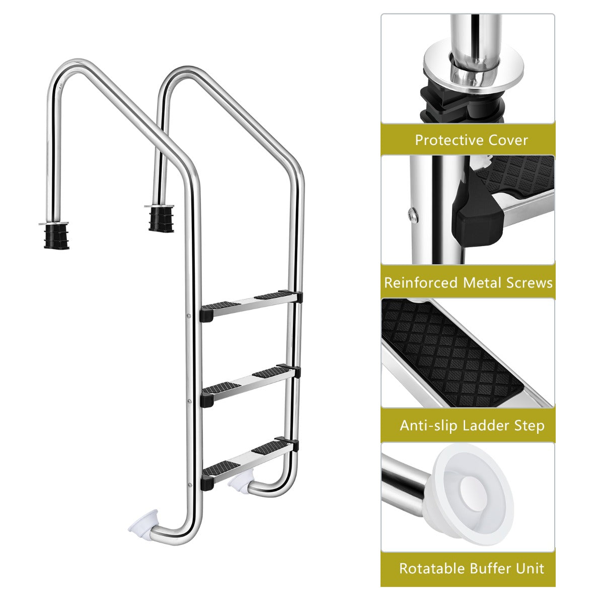 Silver pool ladder combines practical safety features with a clean, professional appearance