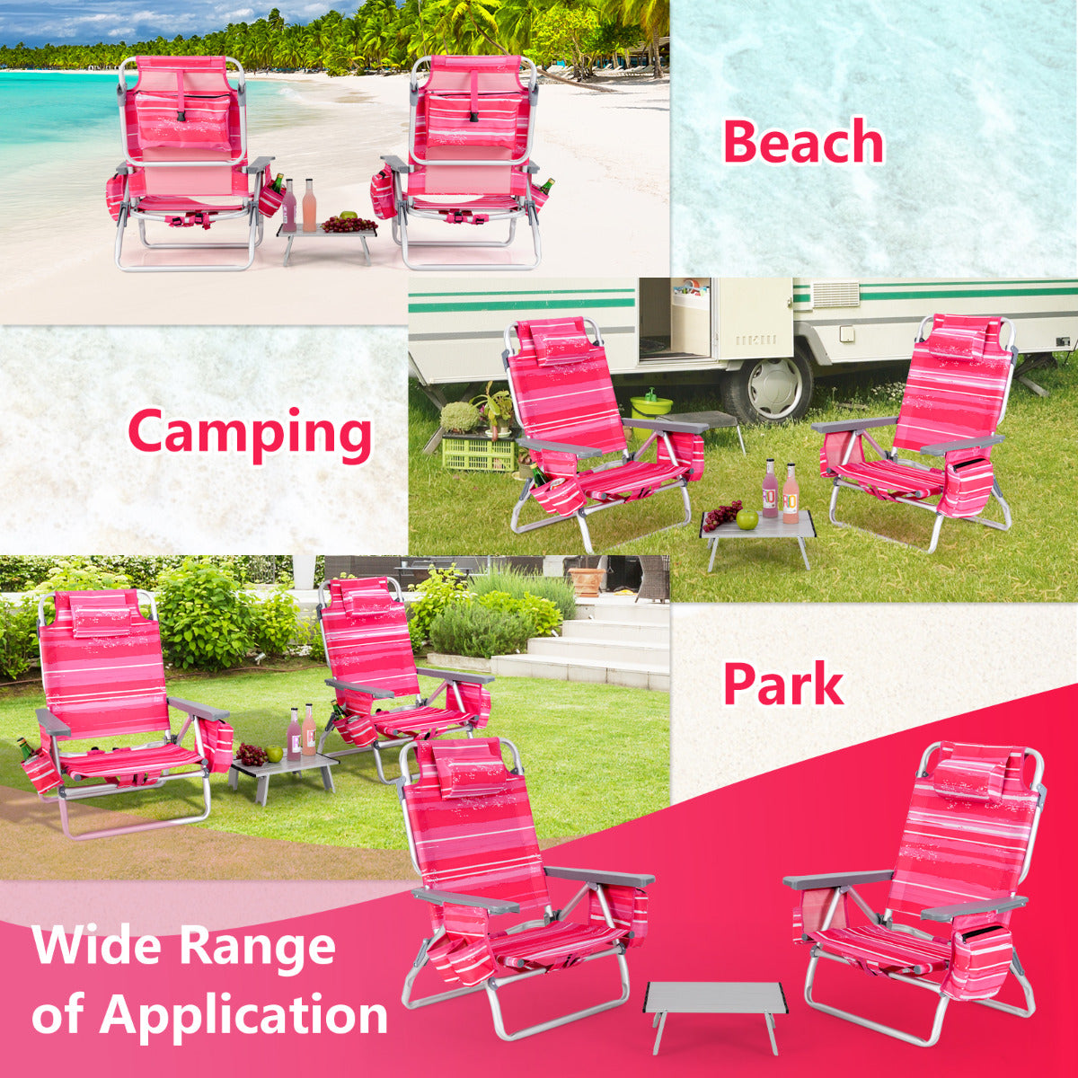 Portable Camping Chairs with 5 Adjustable Positions for Lawn/Poolside-Pink