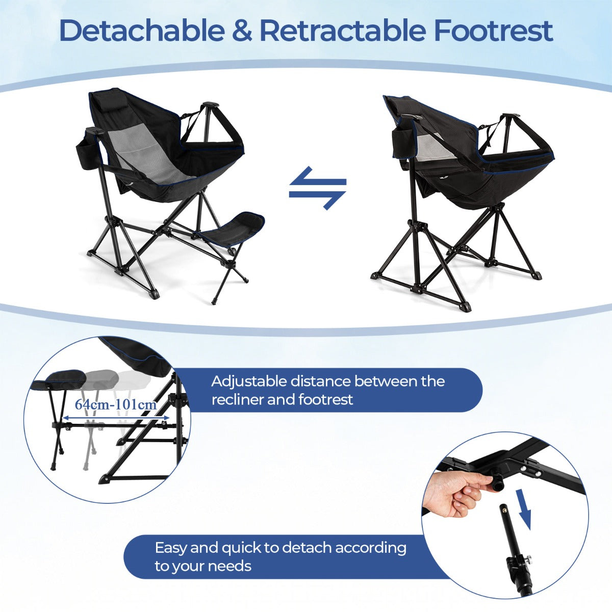 Portable Folding Camping Lounge Chair with Footrest for Beach Lawn Fishing-Black