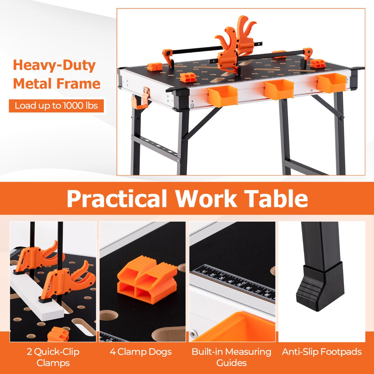 Portable Folding Work Table with 454 kg Capacity and Clamping System