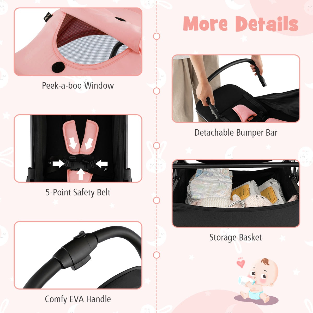 Compact black, grey, or pink stroller suits children from six months to three years