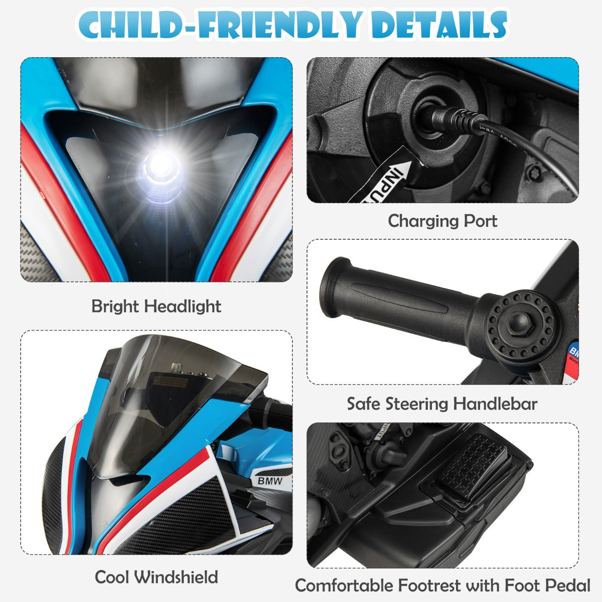12V Kids Electric Motorcycle with Headlight & Horn, 3-Wheel Design, Blue