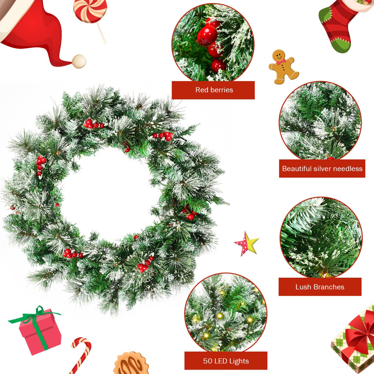 Costway 60cm Pre-lit Christmas Wreath and 2.7M Christmas Rattan