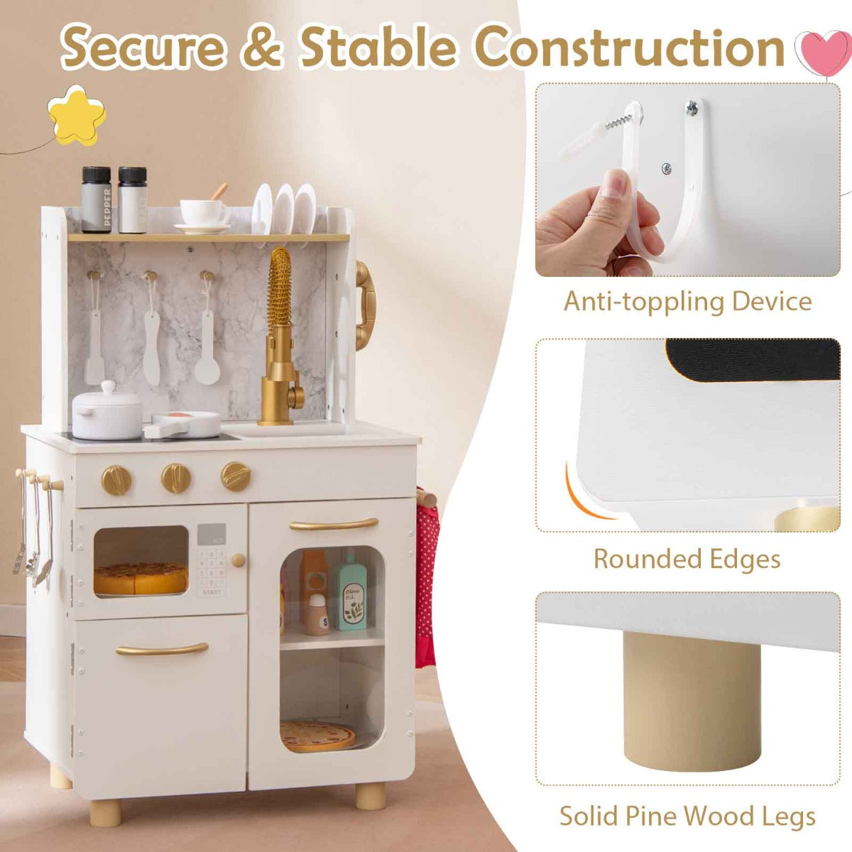 Pretend Play Kitchen with Stoves and Faucet for Boys and Girls 3+ Years Old-White