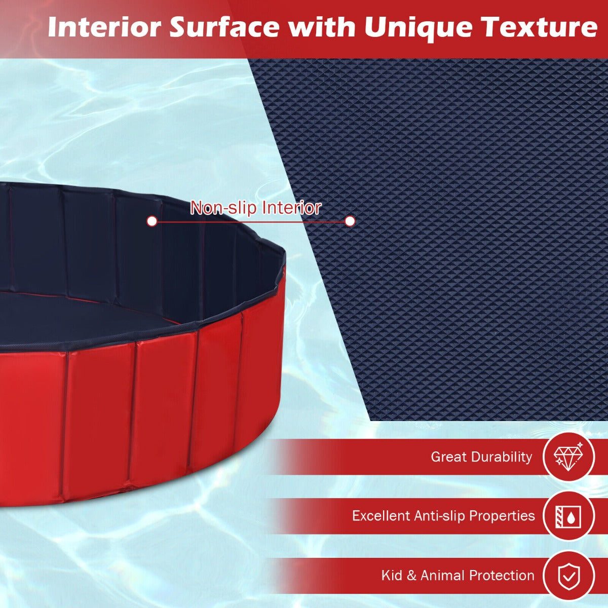 Blue and red portable pet pool offers versatile bathing and cool water fun for the whole family