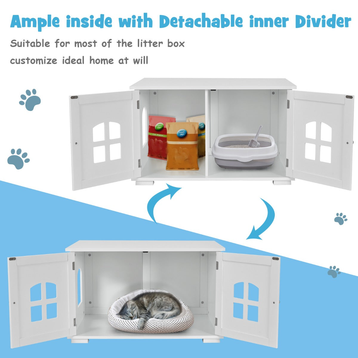 Cat Hidden Litter Box Enclosure with Cross Windows & Double Door-White