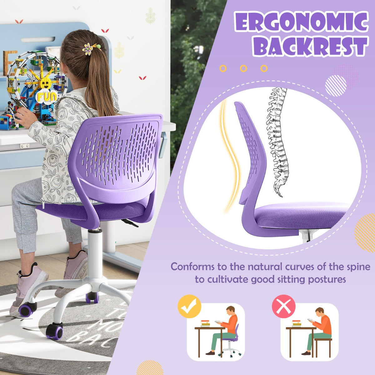 Costway Adjustable Mid Back Children Study Chair with Adjustable Height for Office-Purple