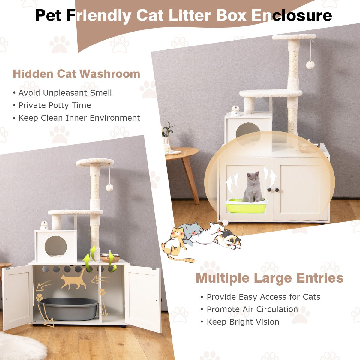 2-in-1 Cat Tree with Litter Box Enclosure & Sisal Scratching Posts-White