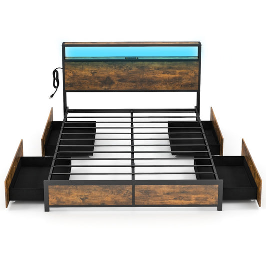 Queen Bed Frame with Smart LED Lights & Storage Headboard
