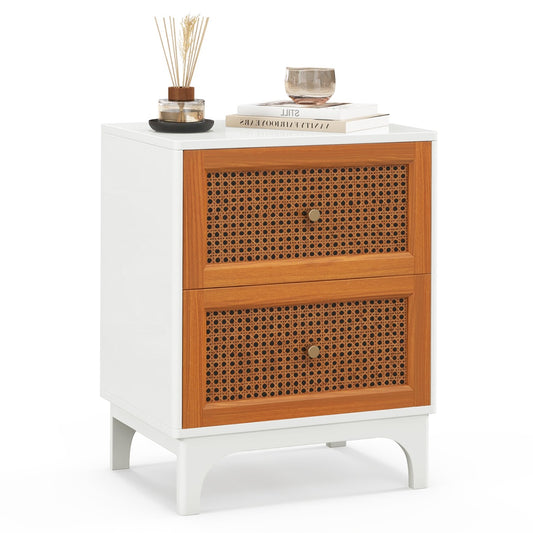 Costway Rattan Nightstand with 2 Drawers for Bedroom and Living Room