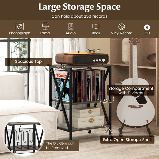 Costway Record Player Stand Turntable Stand with Built-in Charging Station-Grey