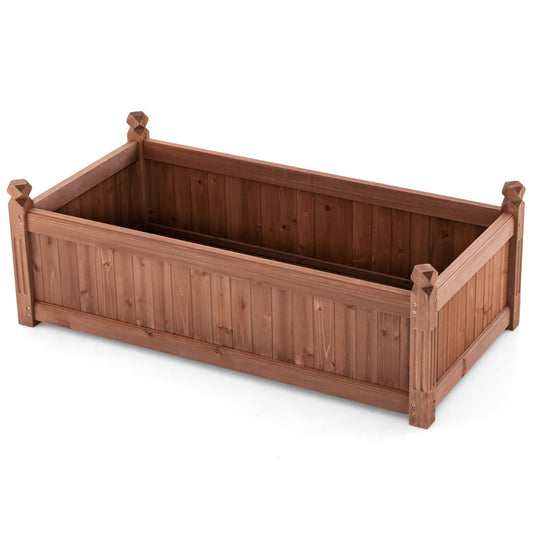Large wooden planter box provides generous growing space for vegetables, herbs, flowers, and fruit