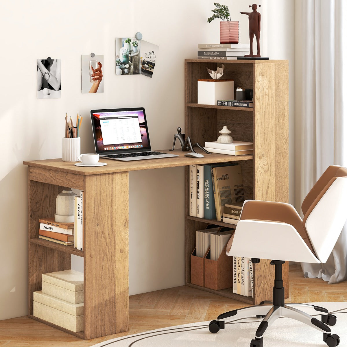 120cm Computer Desk with Bookcase Home Office Workstation with 4-Tier Bookshelf and CPU Stand-Natural
