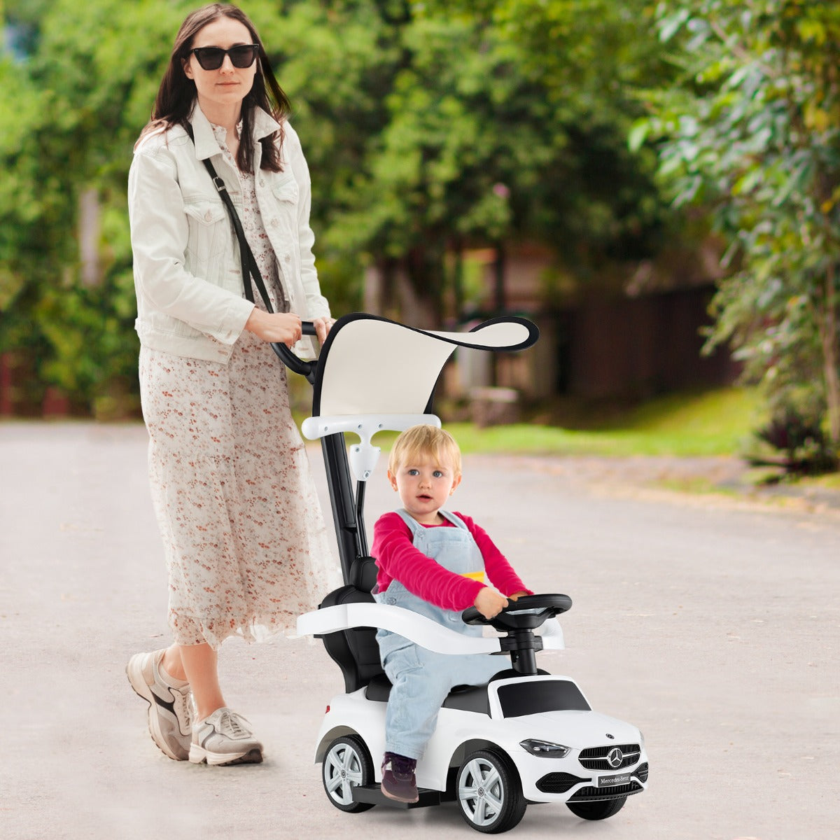 3-in-1 Ride on Push Car with Adjustable Canopy and Steering Push Bar-White