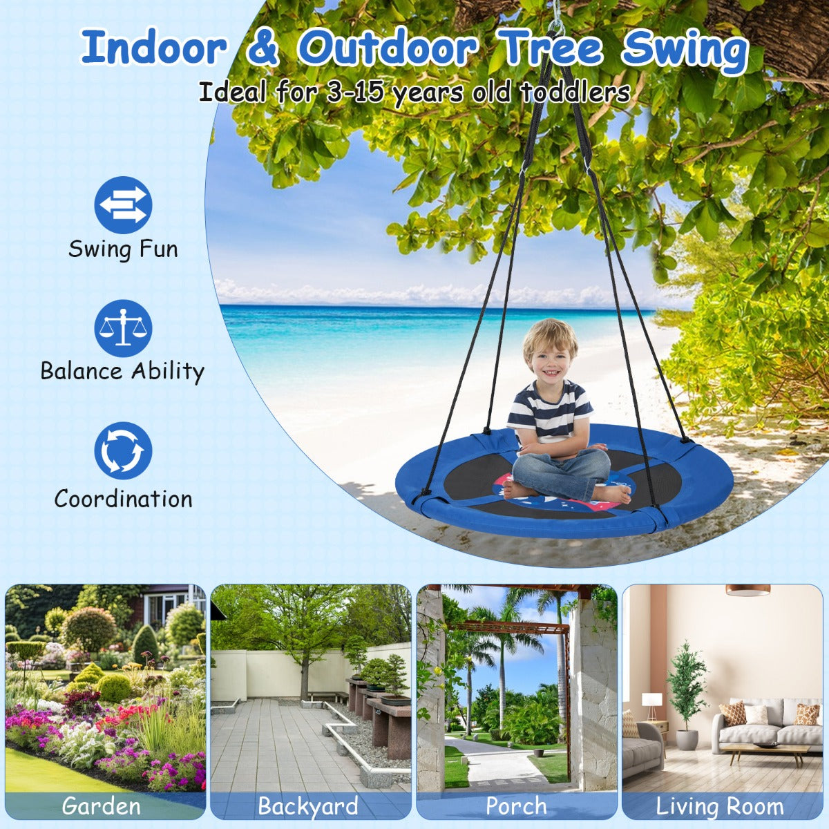 Costway Indoor and Outdoor Flying Swing with Adjustable Hanging Ropes for Kids-Rocket