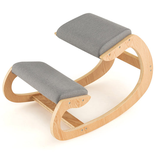 Costway Wood Rocking Posture Chair with Soft Cushion-Grey