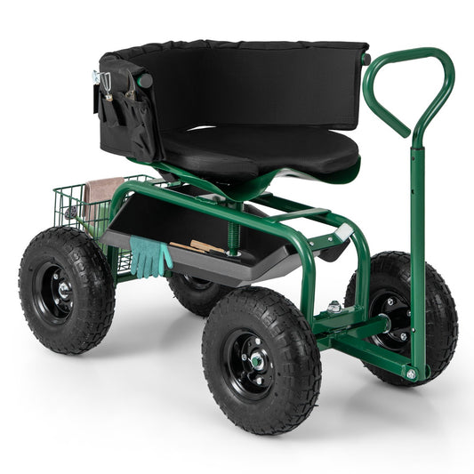 Rolling Garden Cart Scooter with Tray Storage Basket Tool Pouch Seat Cushion-Green